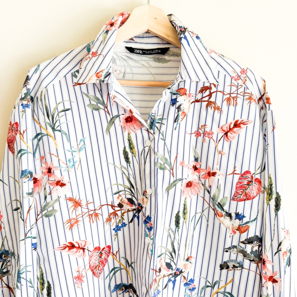 Zara Poplin Shirt with Bird Print Size Small - Picture 4 of 8